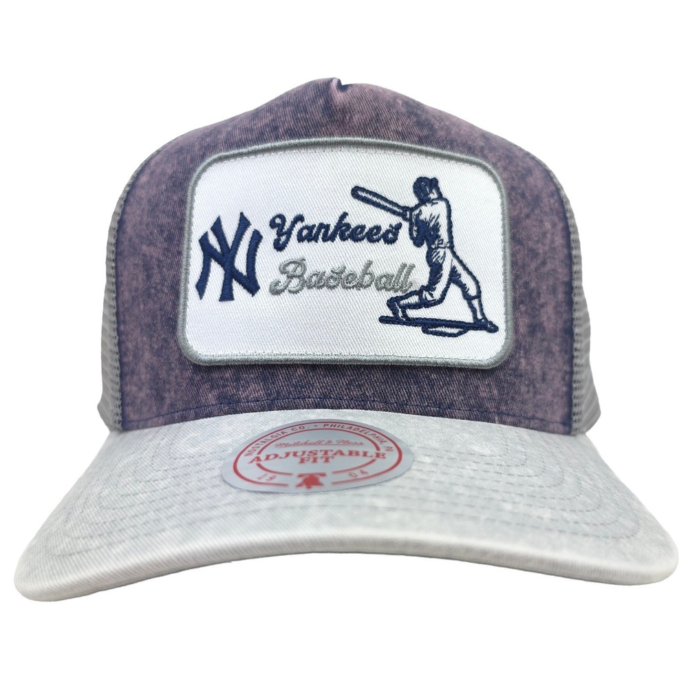 NY Yankees Mitchell & Ness MLB Trucker Hat Cap 3D Patch Acid Wash Navy Gray NWT